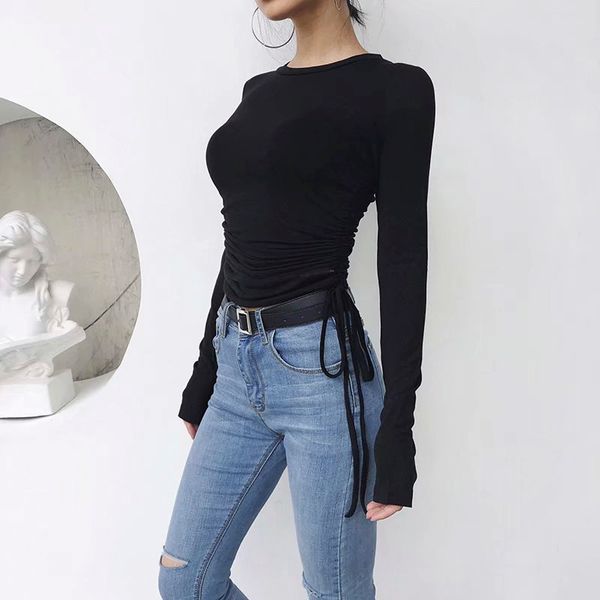 

bradely michelle 2020 autumn solid slim ruched bandage pullovers for office lady o-neck long-sleeve basic knitted female, White;black