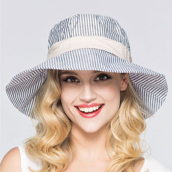 

4cjxe bucket toque sunscreen cap toque female summer korean style striped all-match basin female foldable fisherman summer sunscreen hat la, Blue;gray