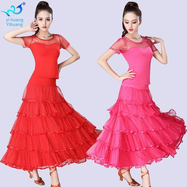 

national standard modern dance competition big cake skirtset sequin dance performance half-length skirt multi-layer cake skirt, Black;red