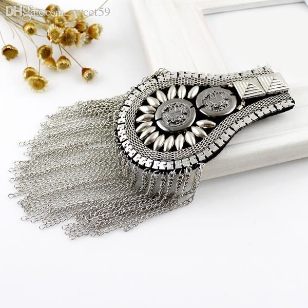 

wholesale-min order $10 hip hop jewelry cool vintage style silver black color alloy tassels chain brooch broche shoulder board, Gray