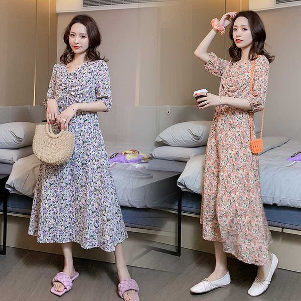 

5836# maternity clothes summer chiffon short sleeve loose stylish mid-long floral dress for pregnant women mom dress, White