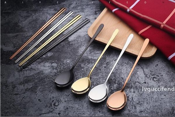 

korean food grade 304 stainless steel spoon solid chopsticks long handle coffee spoon kitchen tool chopsticks spoon set gift