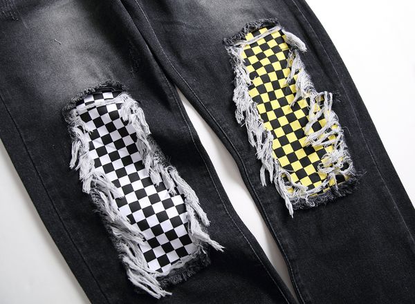 

новая мода mens жан-стрит черные дыры белые полосы jeans hiphop скейтборд карандаш pants2020, Blue