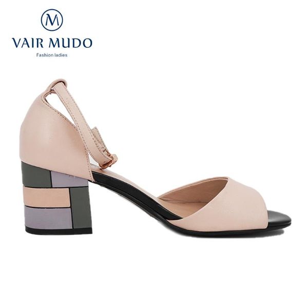 

vair mudo женщин сандалии из натуральной кожи elegant толстый каблук лодыжки ремень весна лето обувь lady женская обувь sexy обувь lx3, Black