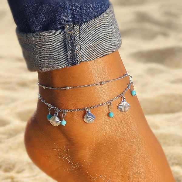 

shell pendant anklets for women vintage stone beads anklet set bohemian bracelet ankle on leg summer beach anklet ocean jewelry t200714, Red;blue