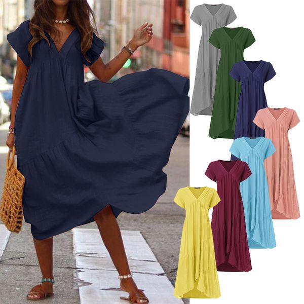 

plus size ruffle dress women's asymmetrical sundress zanzea 2020 fashion summer maxi vestidos female short sleeve robe femme 5xl, Black;gray