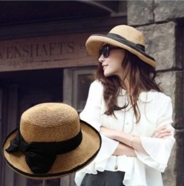 

korean style sunscreen big eaves foldable beach straw cornice cap cornice cap sun hat female summer straw hat, Blue;gray