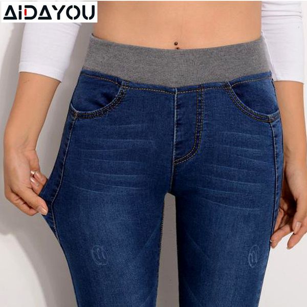 

women casual jeans high waist elastic waist pencil pants fashion denim trousers plus size 5xl 6xl spring summer mom jeans ouc549, Blue