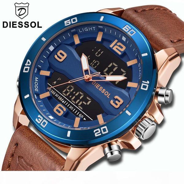 

diessol fashion mens watches quartz waterproof leather digital watch men casual sport watch relogio masculino, Slivery;brown