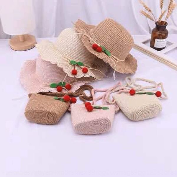 

new fruit cherry straw hat summer baby girl children's messenger bag travel cute princess hat children's straw bag, Yellow