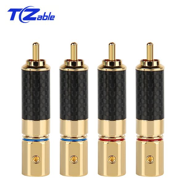 

50pcs rca plug connectors solder rca male audio splice adapter carbon fiber copper speaker terminal rca plugs gold plated red blue 10mm