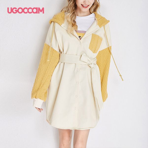 

ugoccam hooded coat yellow women coat trench oversize splice knitted winter windproof with waistband fashion outwear outdoor, Tan;black