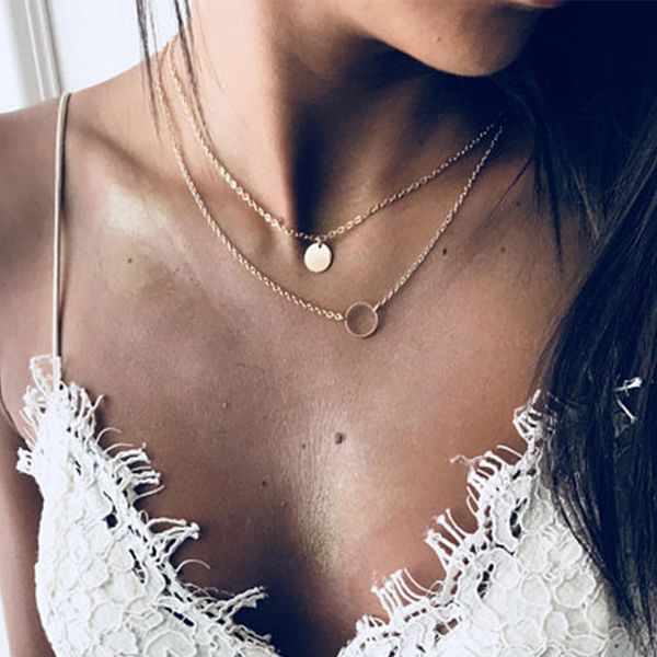 

style necklace alloy sequin circle multi layer pendant neckchain female temperament versatile necklace collarbone chain, Silver