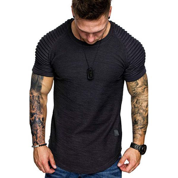 

mens shoulder pleated design round neck short sleeved t-shirt slim fit man curved hem skinny hip hop tshirt streetwear, White;black