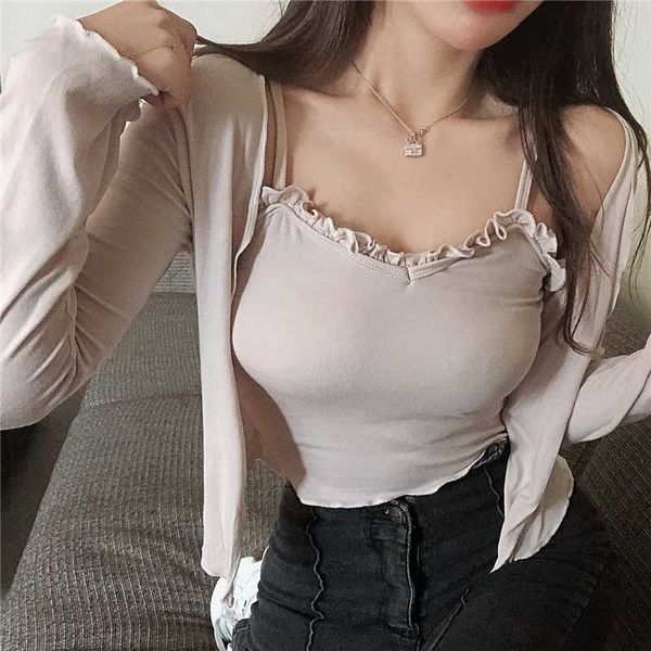 

2020 summer short style cardigan coat and ruffles crop set korean fashion camis + cardigans suit two piece set women, White