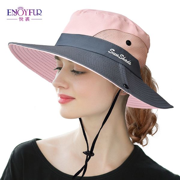 

enjoyfur summer wide brim sun hats for women outdoor uv protection ponytail cap foldable and breathable fishing hat y200619, Blue;gray