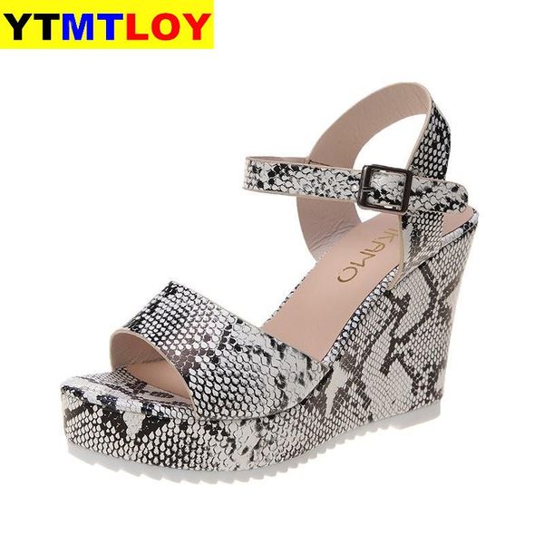 

sandals women wedges snakeskin peep toe ladies high heels print platform female pu buckle strap woman shoes summer fashion 35-41, Black