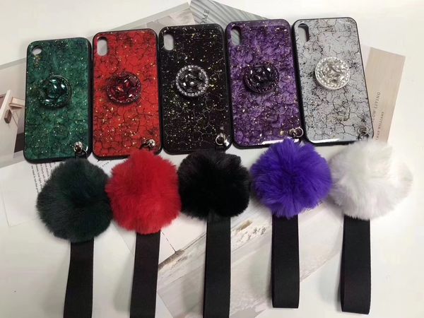 

suitable for iphone 11pro max gold foil crack mobile phone shell with bracket hair ball lanyard