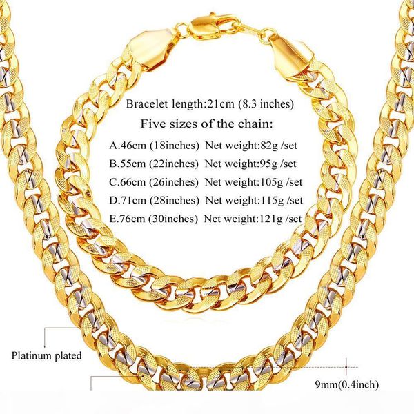 

9mm gold chain мужчины женщины платиновый золото 18k два тона золота снаряженная цепи ожерелье браслет, Silver