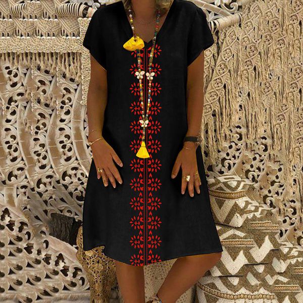 

summer dress style v-neck printed cotton and linen casual plus size ladies dress fashion beach dresses party s-5xl dresses, Black;gray