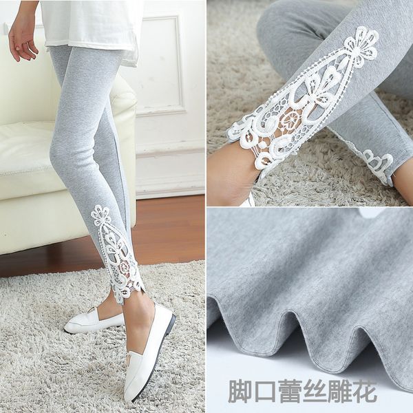 

new 2020 spring autumn women side lace fashion casual leggings hollow out floral lace leggings lady navy blue black gray slim pants