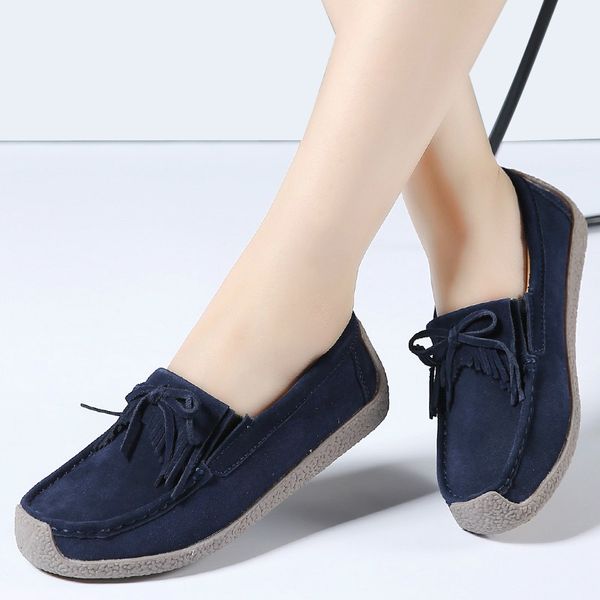 

2020 autumn women flats leather suede slip on fringe loafers shoes ballet flats cowhide flexible fur boat oxford shoes, Black
