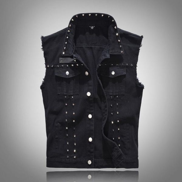 

summer style men's denim vest slim men denim outerwear coats jacket fashion black hole sleeveless vest for men big size 5xl, Black;white
