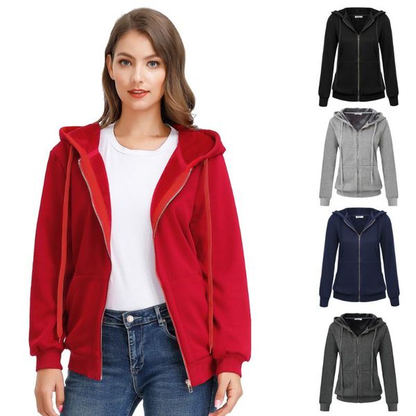

causal women's coats spring autumn solid brushed inside coat hoodies hooded zip-up casual long sleeve sweatshirt youth lady new, Black