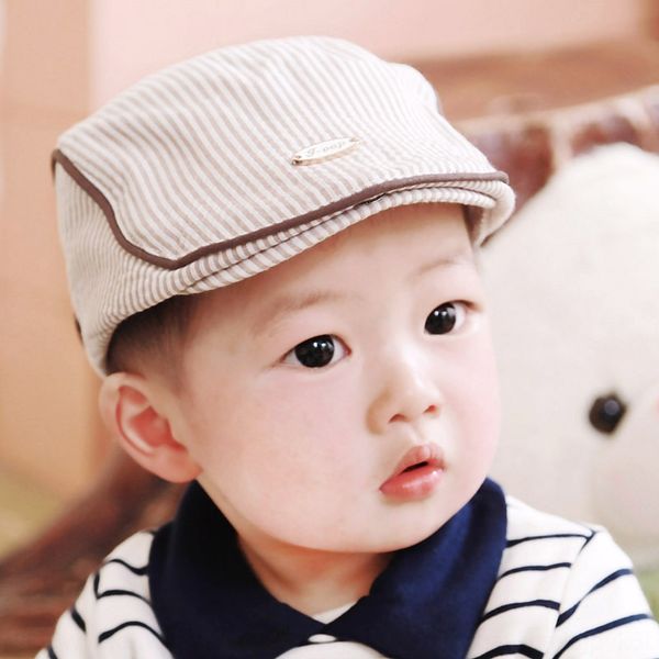 

south china new children's beret hat baby bubble stripe pastoral beret cap cap plaid duck tongue hat korean, Yellow