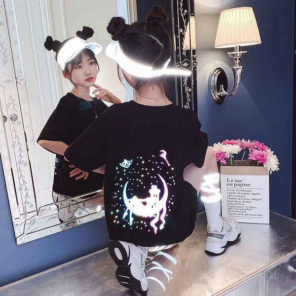 

girls short-sleeved 2020 new korean style big children t-shirt t-shirt half-sleeved loose mid-long thin fashion, Blue