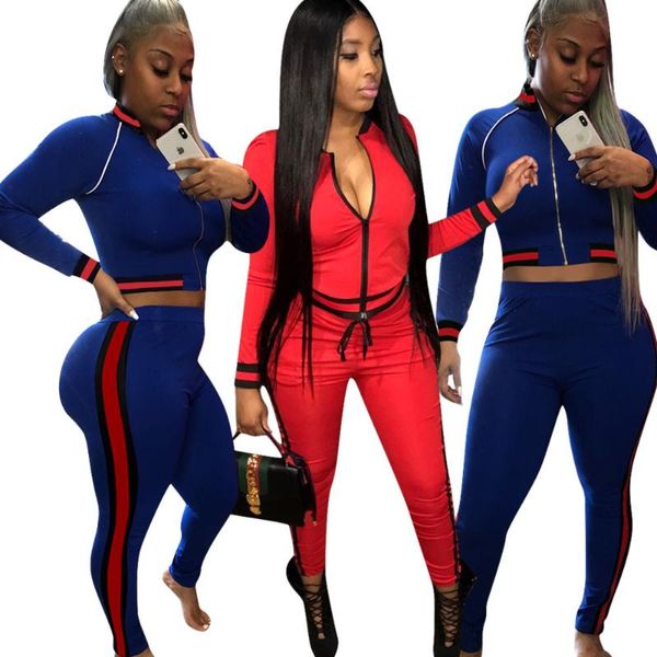 

women's tracksuits blue/red striped design long sleeve zipper down crop elastic waist fitted pants suit autumn/winter two pieces sets, Gray