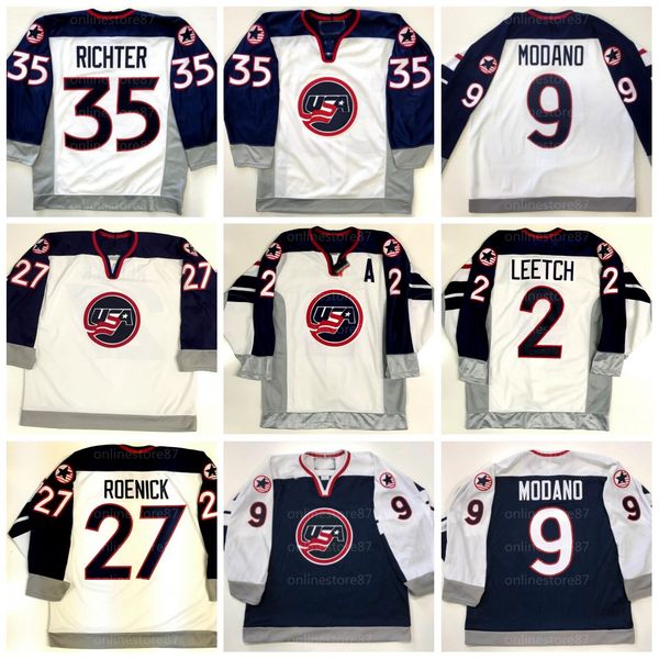 

27 jeremy roenick 1998 team nagano olympics jerseys 35 mike richter 9 mike modano 2 brian leetch 100% embroidered hockey jersey, Black
