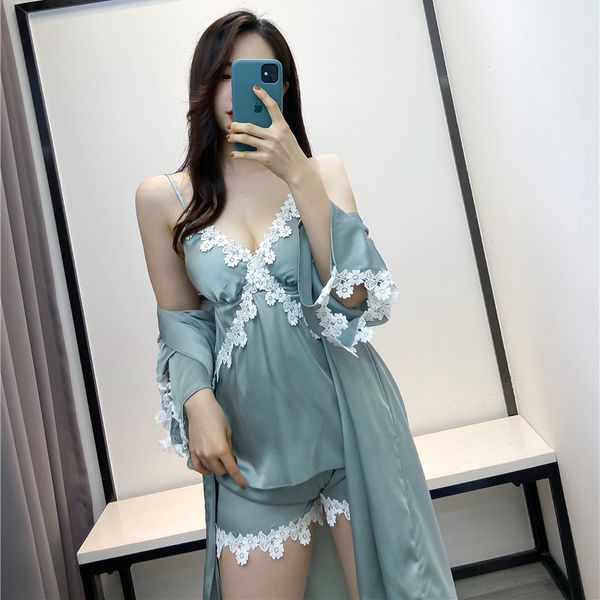 

women lace 3pcs sleepwear satin summer robe set soft silky nighty&shorts&robe set female kimono gown loose home clothes, Black;red