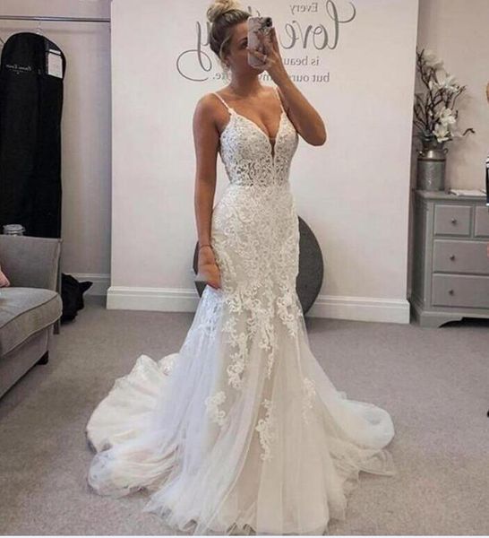 

vintage spaghetti straps mermaid wedding dresses 2021 sweep train designer vestido de novia lace bridal gowns australia wear, White