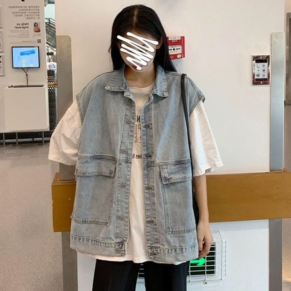 

2020 autumn korean style mid-length denim women's loose sleeveless waistcoat vest vest open coat ins fashion, Black;white