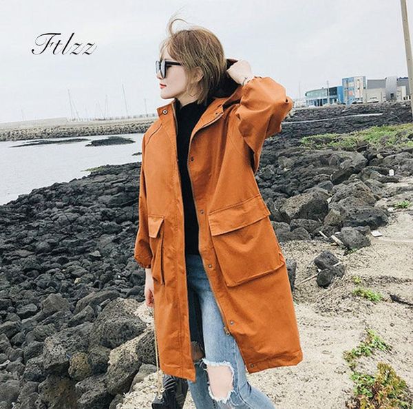 

women plus size harajuku windbreaker 2020 new spring autumn long sleevd casual medium long black ternch coat woman loose coats, Tan;black