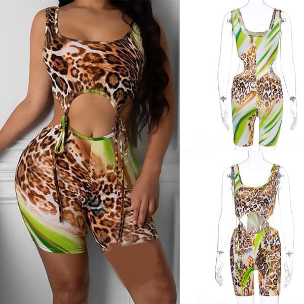 

leopard bandage bodycon rompers women sleeveless hollow out playsuits one piece party club biker shorts playsuit, Black;white