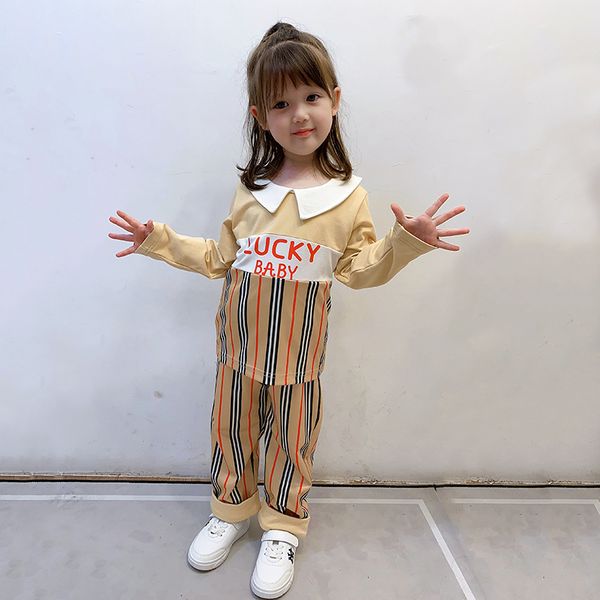 

girls designer outfits 2020 autumn kids clothing sets children striped plaid long sleeve lapel t-shirt + trousers 2pcs suits s385, White
