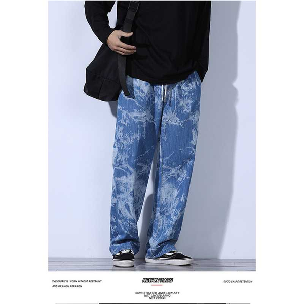 

summer thin tie-dye fashion autumn sense trousers men's jeans japanese loose straight-leg large size wide-leg pants, Black