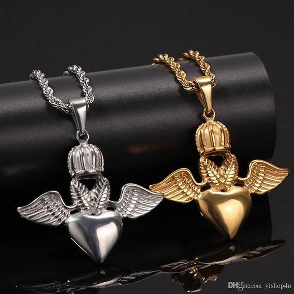 

18k gold plated crown wings love pendant stainess steel necklace with 3mm 24inch rope chian men women hip hop jewelry, Silver