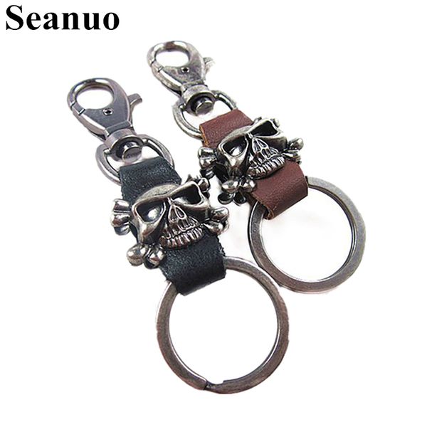 

seanuo personality skull leather car keychain key chain for men women fashion punk stainless steel bag door key ring holders, Silver