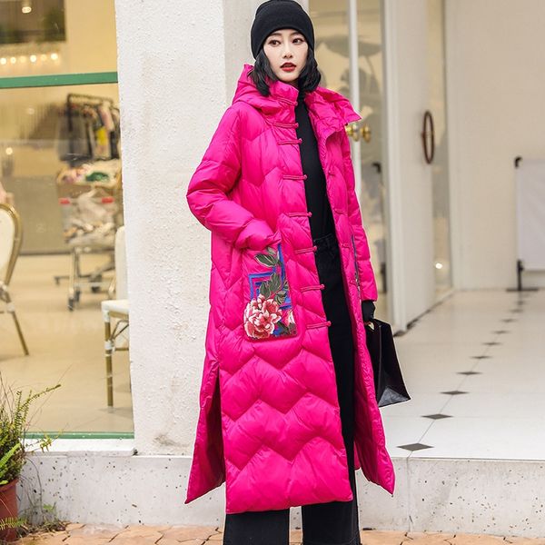 

ethnic national jacket women's long chinese style over-the-knee embroidered chinese style large size white duck down down jacket, Black