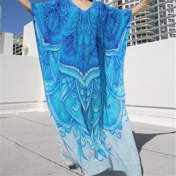 

2020 новый плюс размер женщины лето пляжная одежда кафтан maxi платье хлопка туники bohemian printed batwing рукава длинное платье саржевого, Black;gray