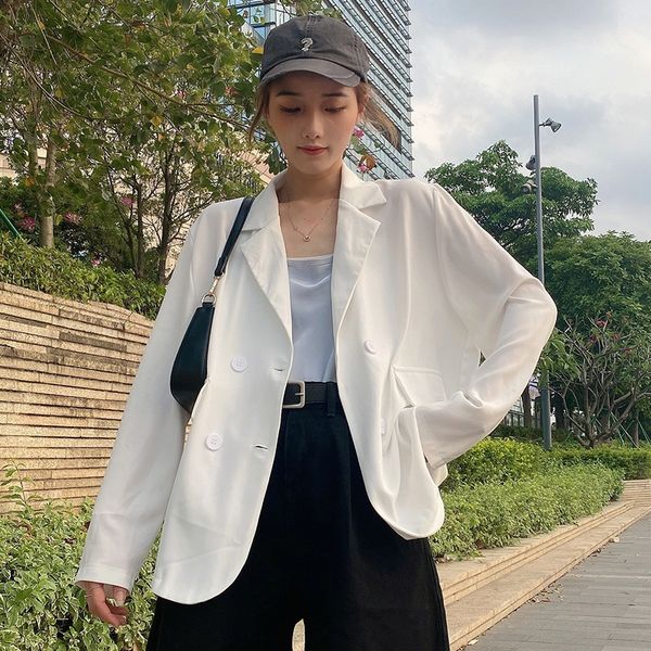 

with enjun] a332 commuter solid color thin sun-proof suit loose-breasted long-sleeved and small suit for women jacket jacket, White;black