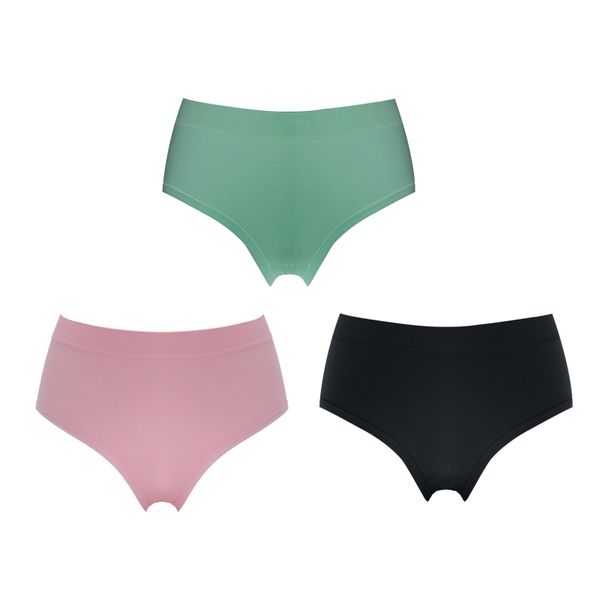 

3 pieces] mid waist one-piece seamless panties summer hip briefs solid color s-xl size panties, Black;pink