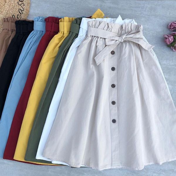 

spring summer korean skirt midi-skirt cotton bow pocket a- line skirt, Black