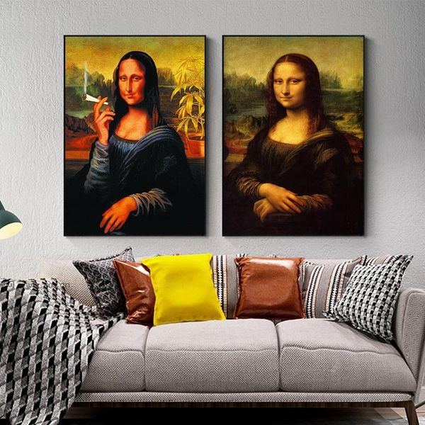 

funny mona lisa drink and smoking posters wall art canvas print pictures da vinci famous paintings for home living room decor