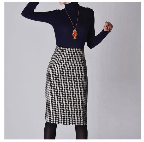 

new 2020 spring autumn winter skirts women high waist woolen skirt mid long houndstooth skirt slim pencil skirts female, Black