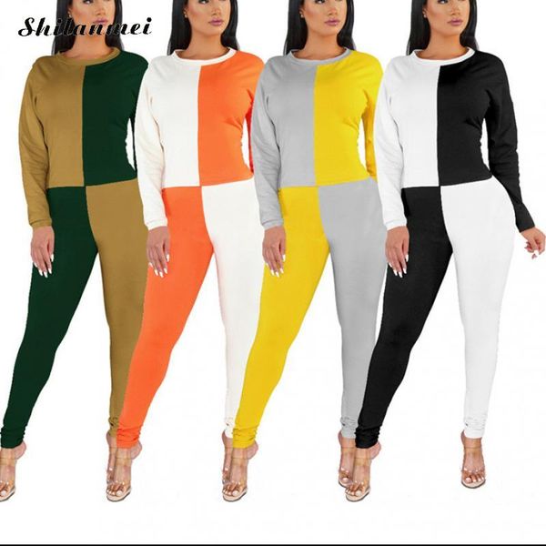 

womens tracksuit long sleeve crop leggings pants plus size color patchwork two piece set spring autumn outfits casual set, White