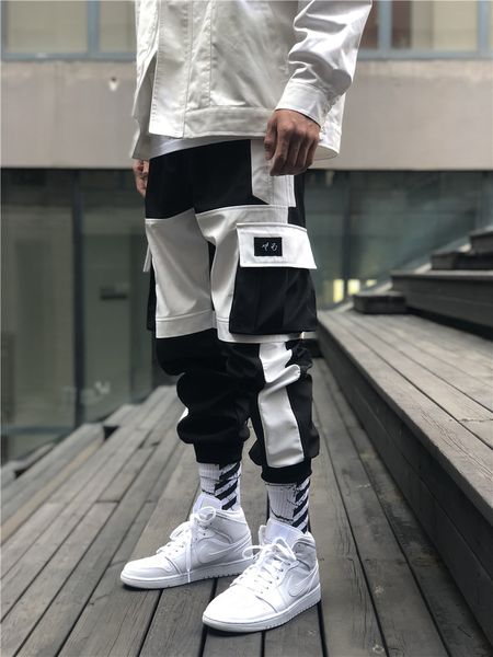 

jogger black and white mixed color casual cargo pants fashionable men's multi-pocket loose hip hop pants men's cargo pants